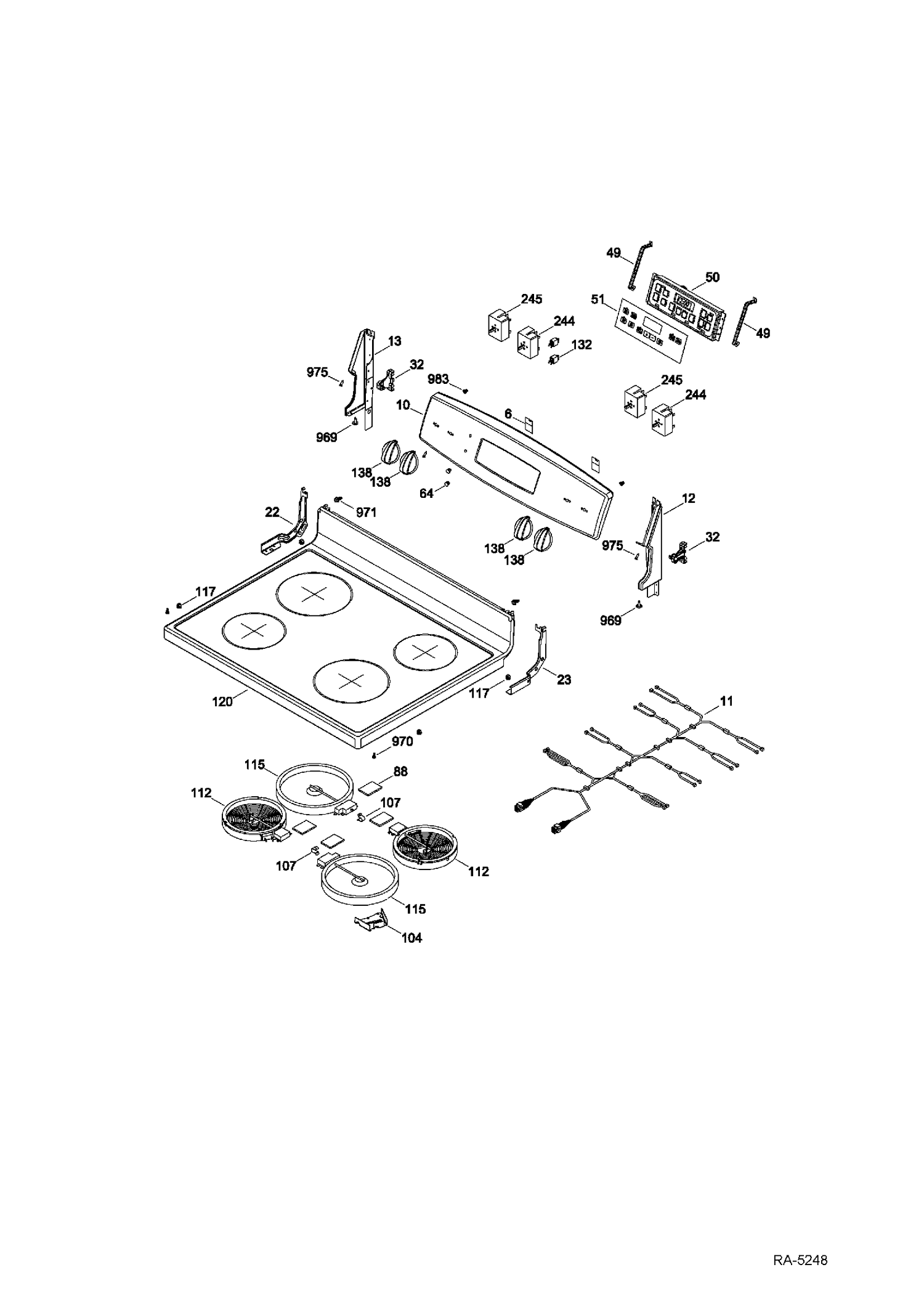 CONTROL PANEL & COOKTOP Diagram and Parts List for JCB630DF1WW  General Electric Range