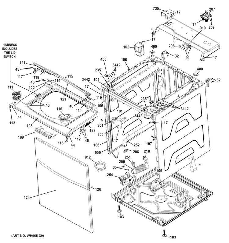 Cabinet Diagram and Parts List for GTUN275EM2WW  General Electric Washer Dryer Combo