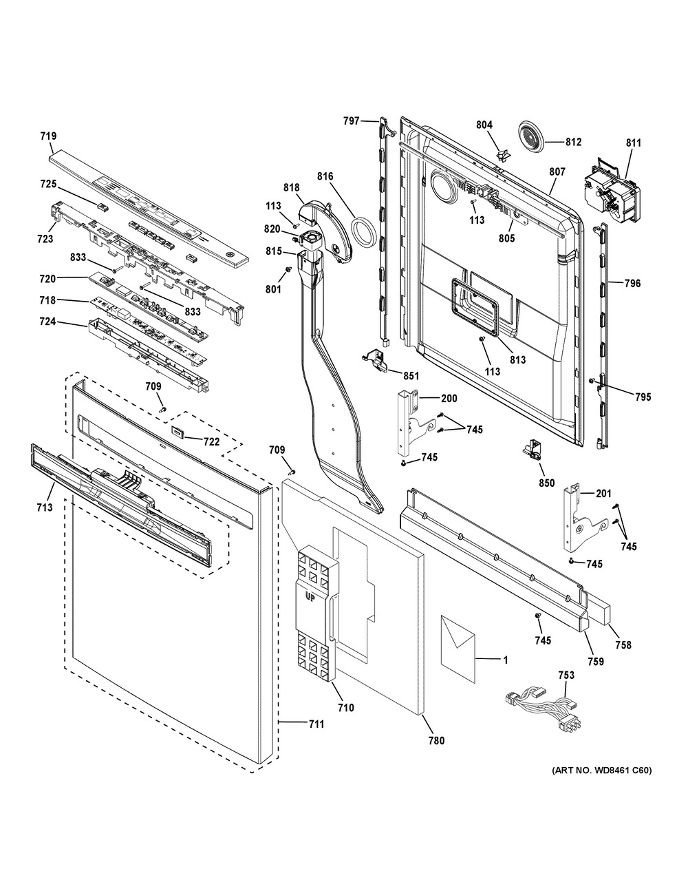 Escutcheon & Door Assembly Diagram and Parts List for GDP695SBM5TS  General Electric Dishwasher