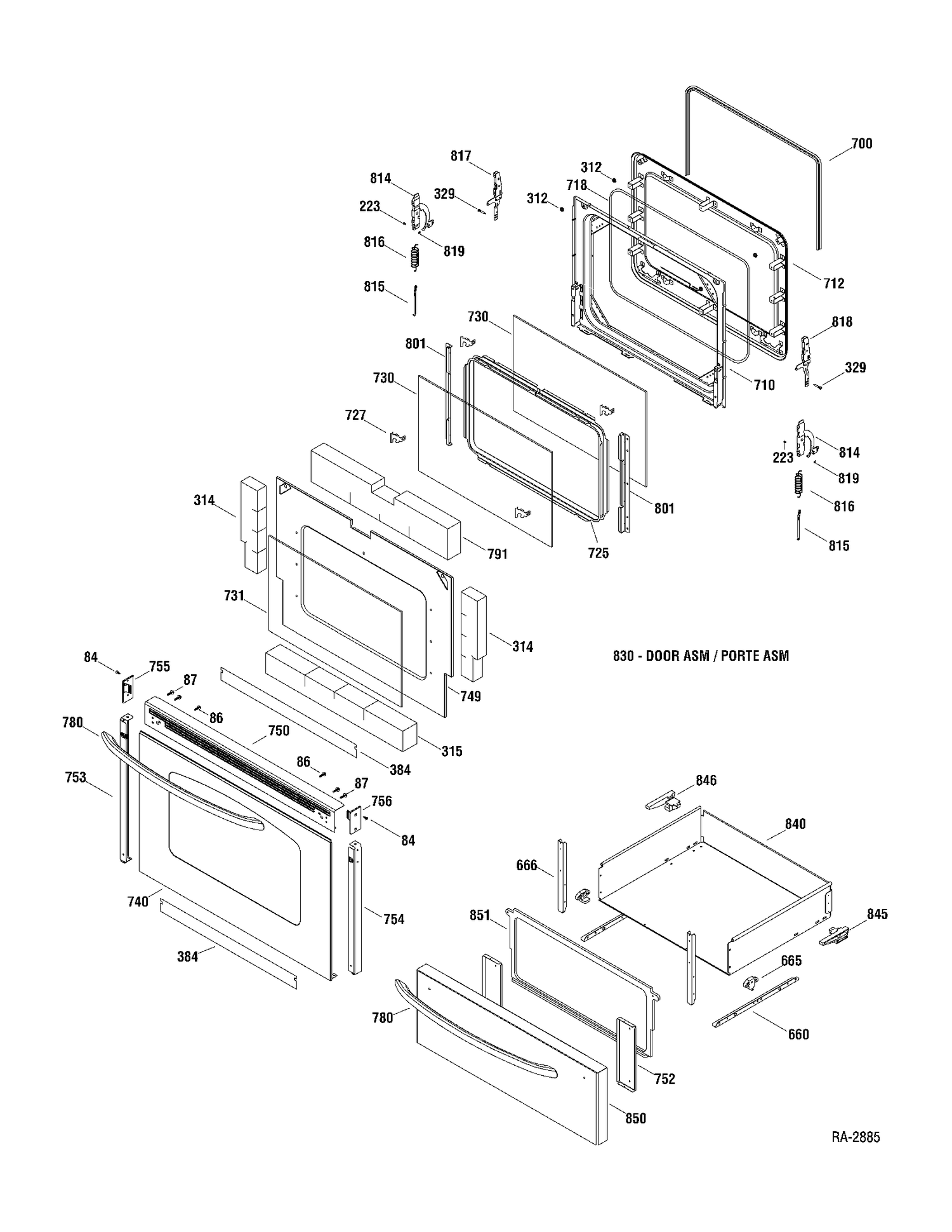 DOOR & DRAWER Diagram and Parts List for JCBP67SP1SS  General Electric Range