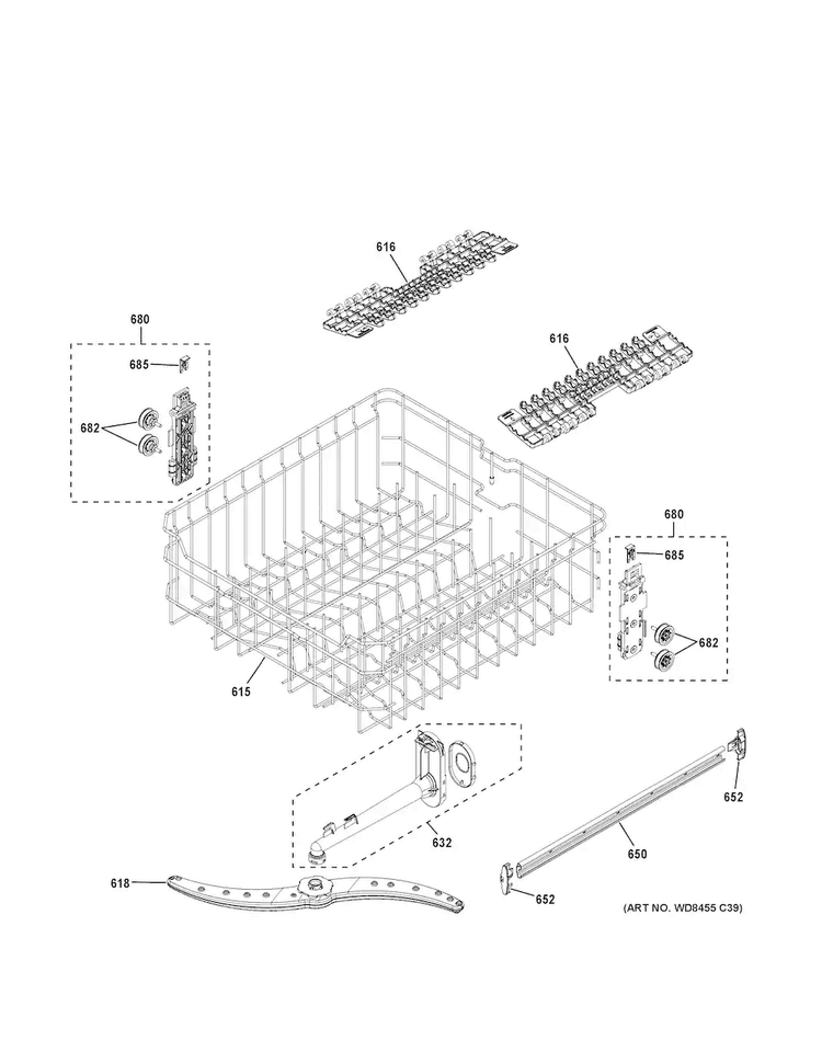 Upper Rack Assembly Diagram and Parts List for GDF540HGD4BB  General Electric Dishwasher