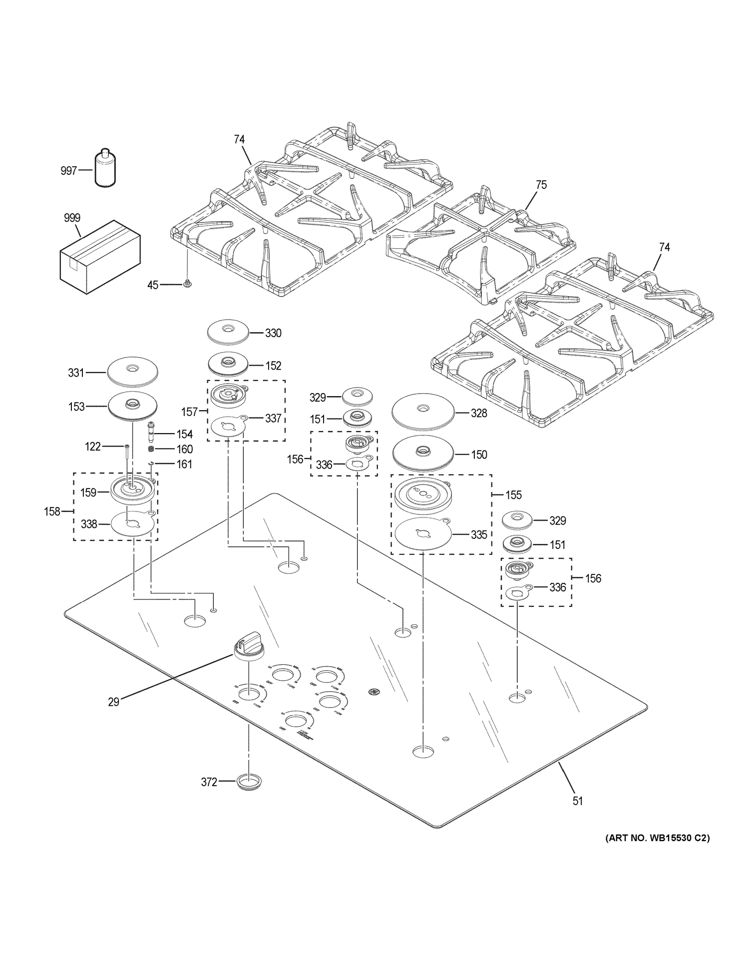 CONTROL PANEL & COOKTOP Diagram and Parts List for JGP5536DL1BB  General Electric Cooktop