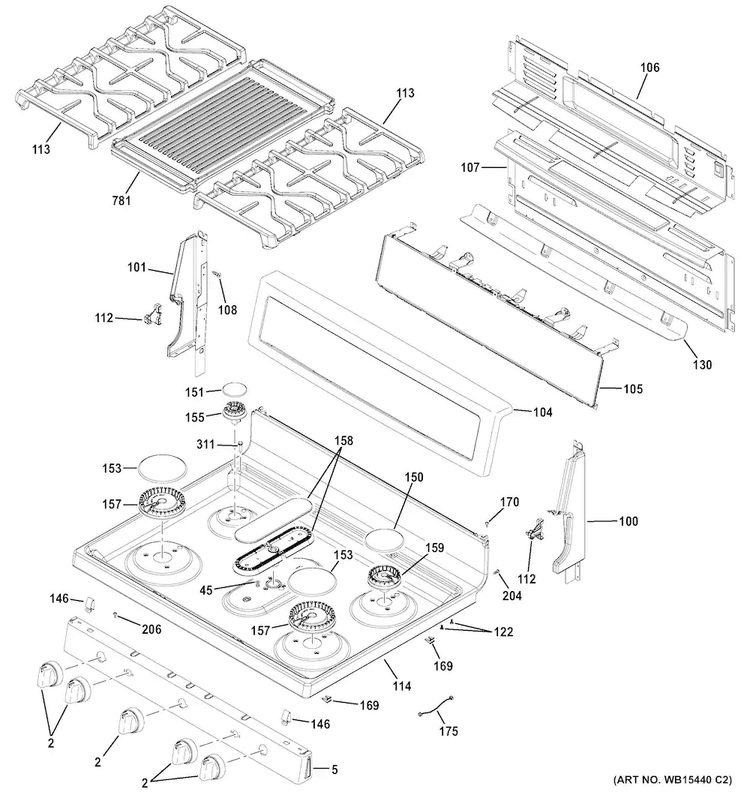 Control Panel & Cooktop Diagram and Parts List for PGB911DEJ3WW  General Electric Range