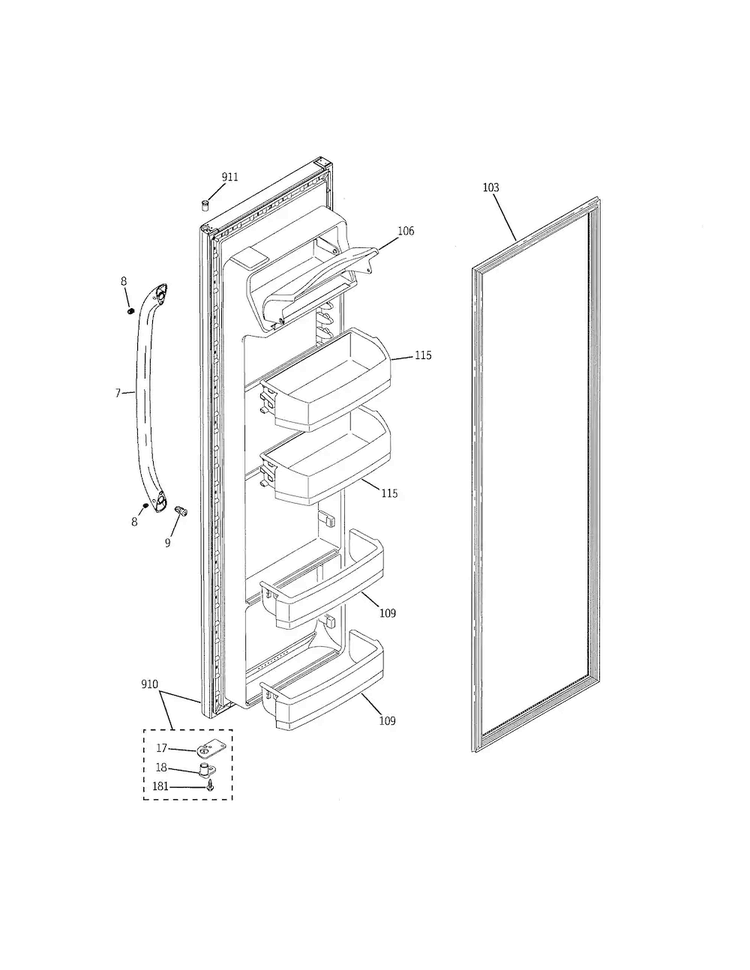 Fresh Food Door Diagram and Parts List for GSH25JGDDBB  General Electric Refrigerator