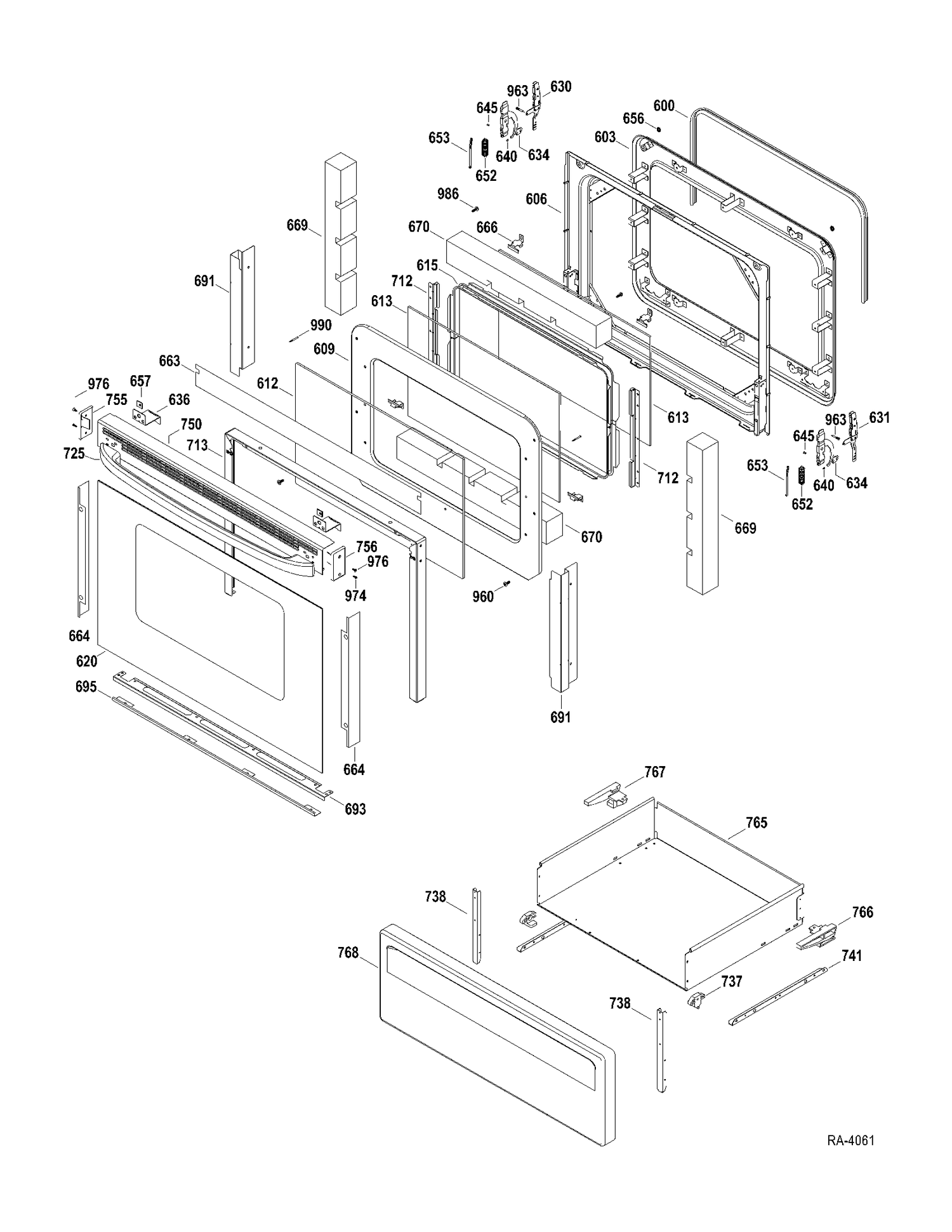 DOOR-DRAWER Diagram and Parts List for RCB787DN2WW  General Electric Range