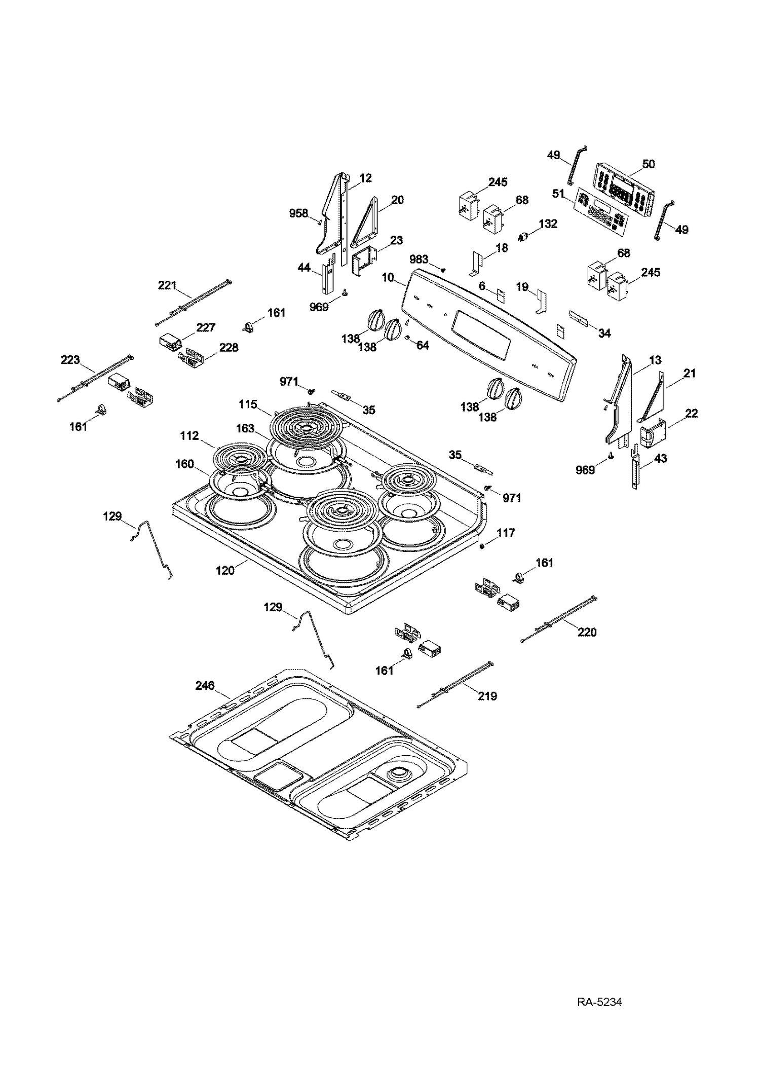 CONTROL PANEL & COOKTOP Diagram and Parts List for JCB530DF1BB  General Electric Range
