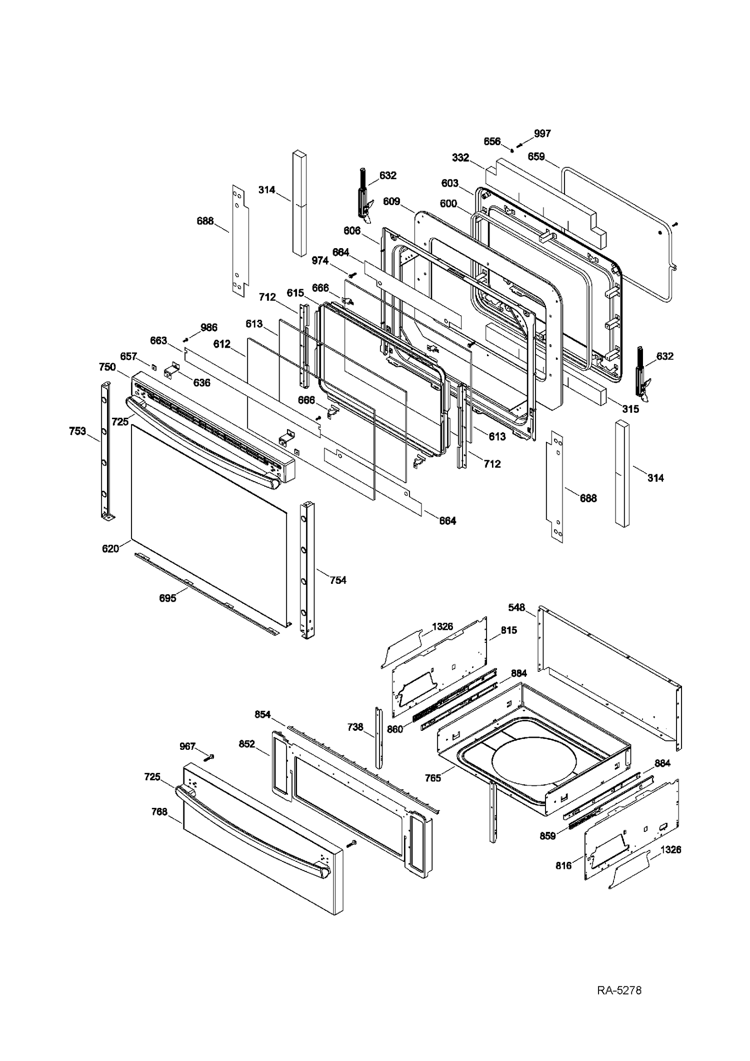 DOOR & DRAWER Diagram and Parts List for JCB840DF1WW  General Electric Range