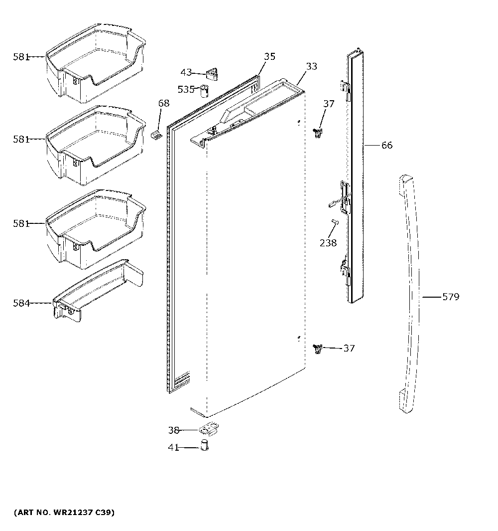 Fresh food door - lh Diagram and Parts List for GWE19JGLNFWW  General Electric Refrigerator