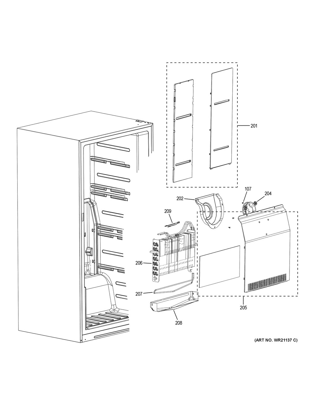 Freezer Section Diagram and Parts List for FUF14DLRCWW  General Electric Refrigerator