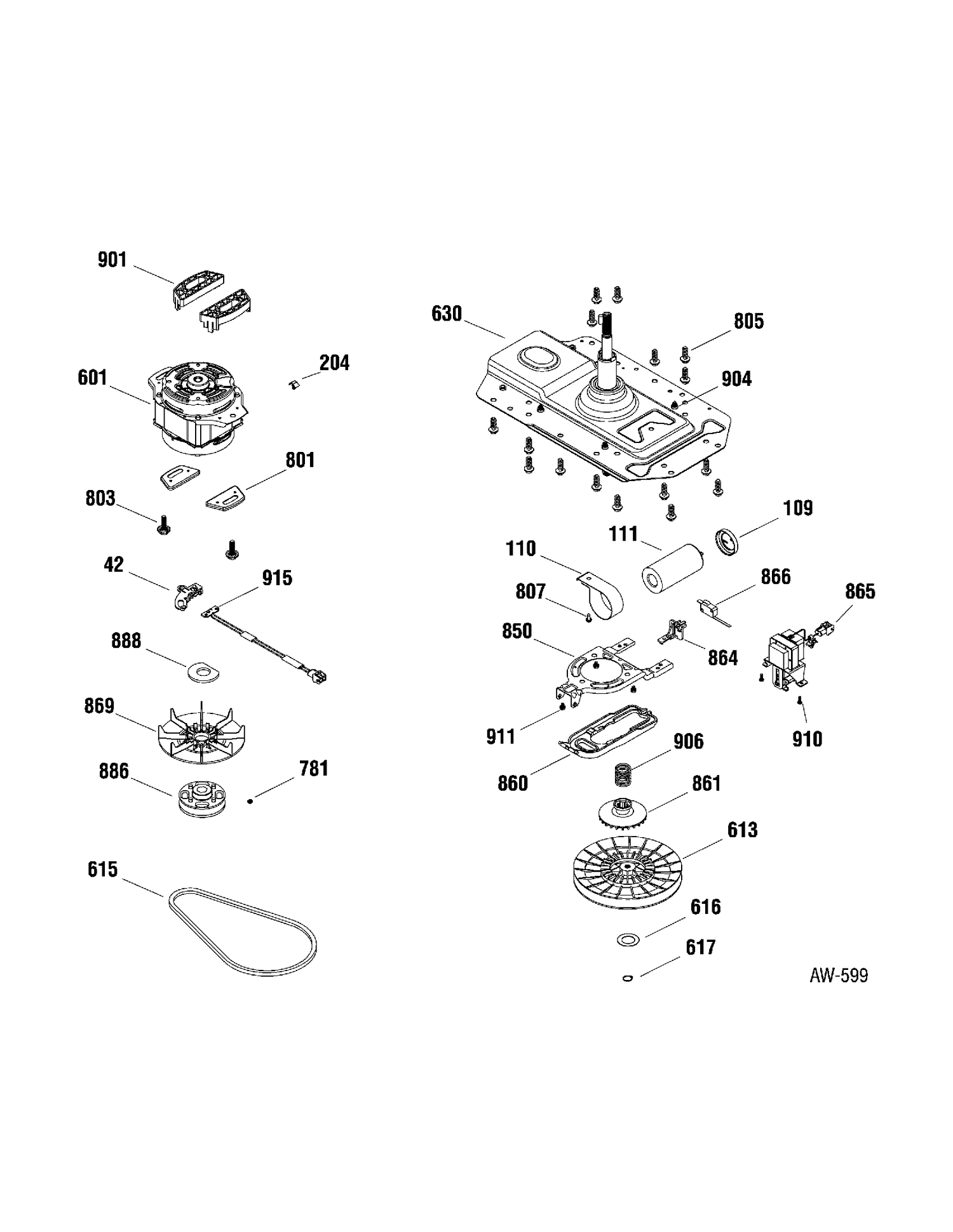 MOTOR & DRIVE COMPONENTS Diagram and Parts List for BBRE1065H0WW  General Electric Washer