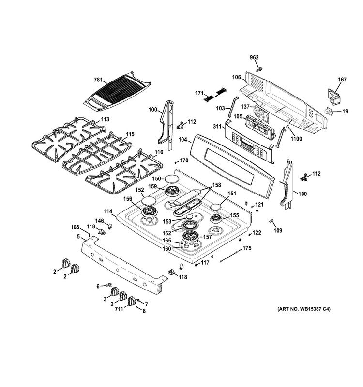 Control Panel & Cooktop Diagram and Parts List for PGB950DEF3BB  General Electric Range