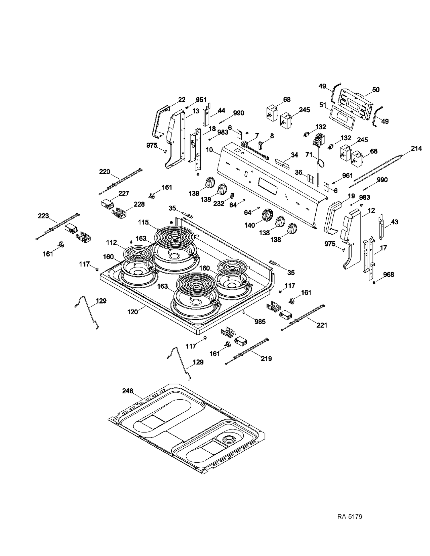CONTROL PANEL & COOKTOP Diagram and Parts List for RCBS536DN3WW  General Electric Range