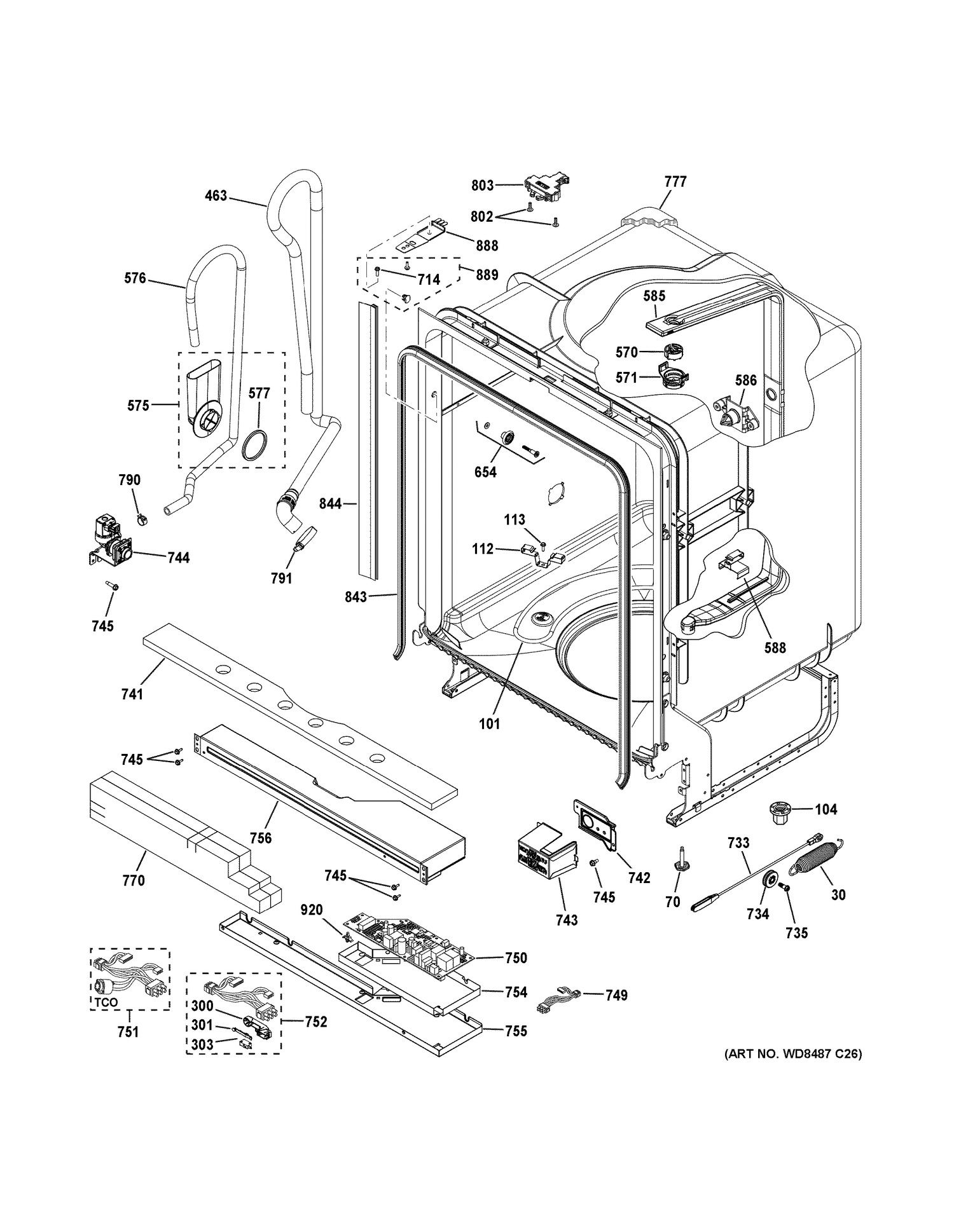 BODY PARTS Diagram and Parts List for GDT545PGJ5BB  General Electric Dishwasher