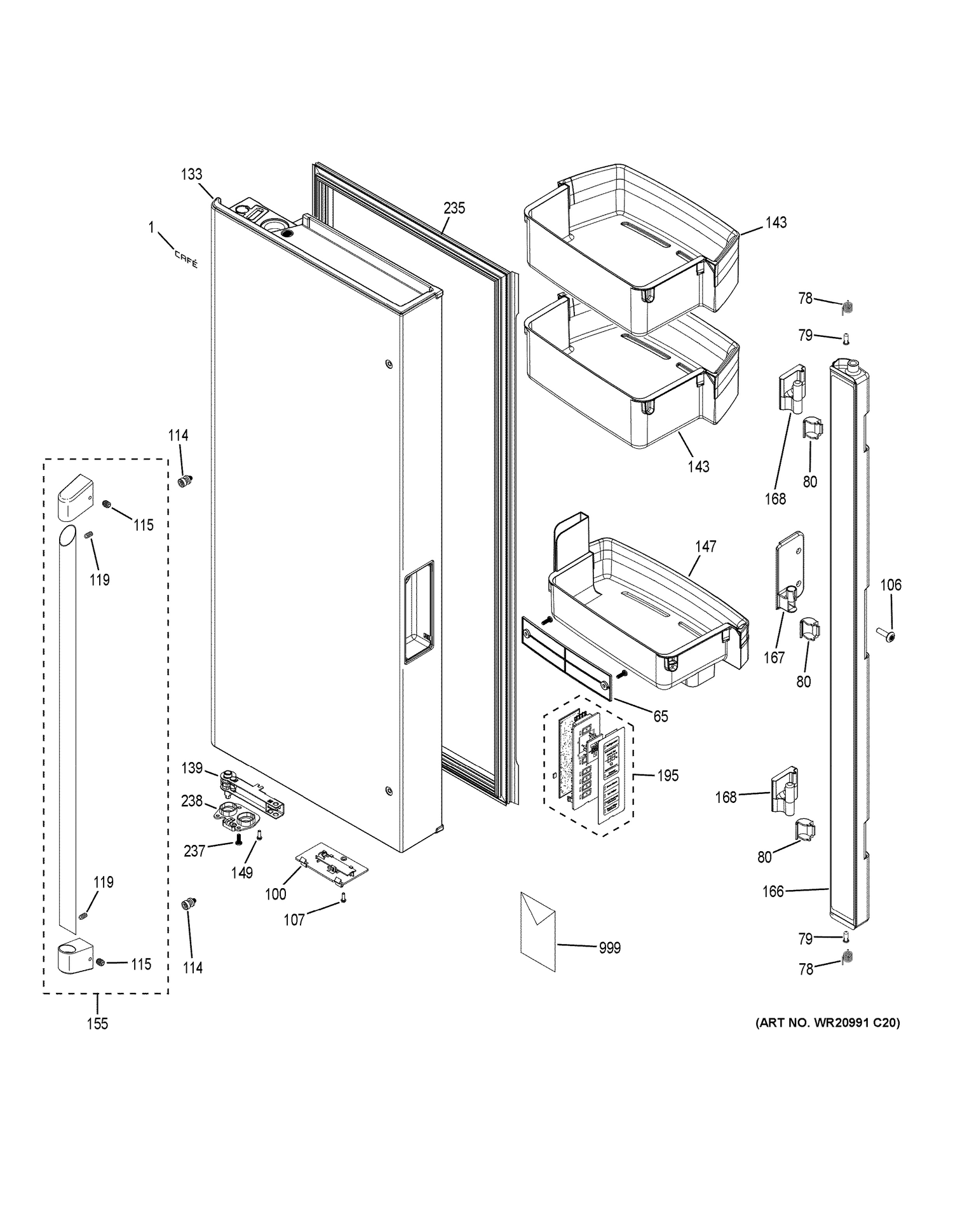 FRESH FOOD DOOR - LH Diagram and Parts List for CWE23SSHOSS  General Electric Refrigerator