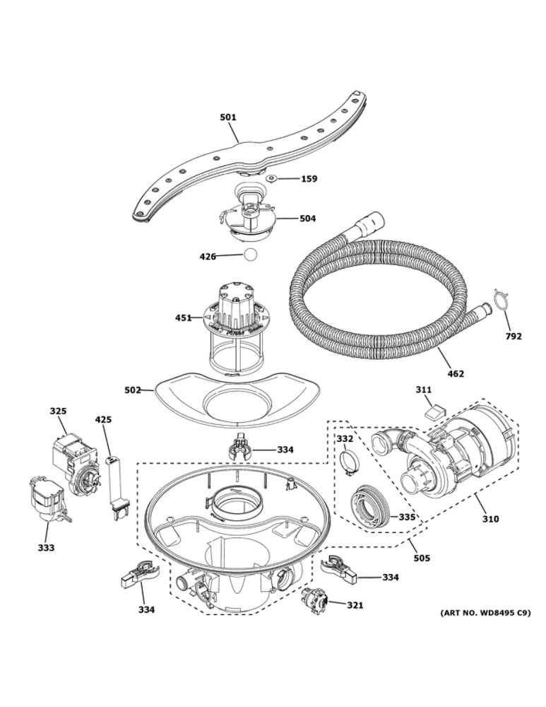 Motor, Sump And Filter Assembly Diagram and Parts List for GDF565SSN2SS  General Electric Dishwasher