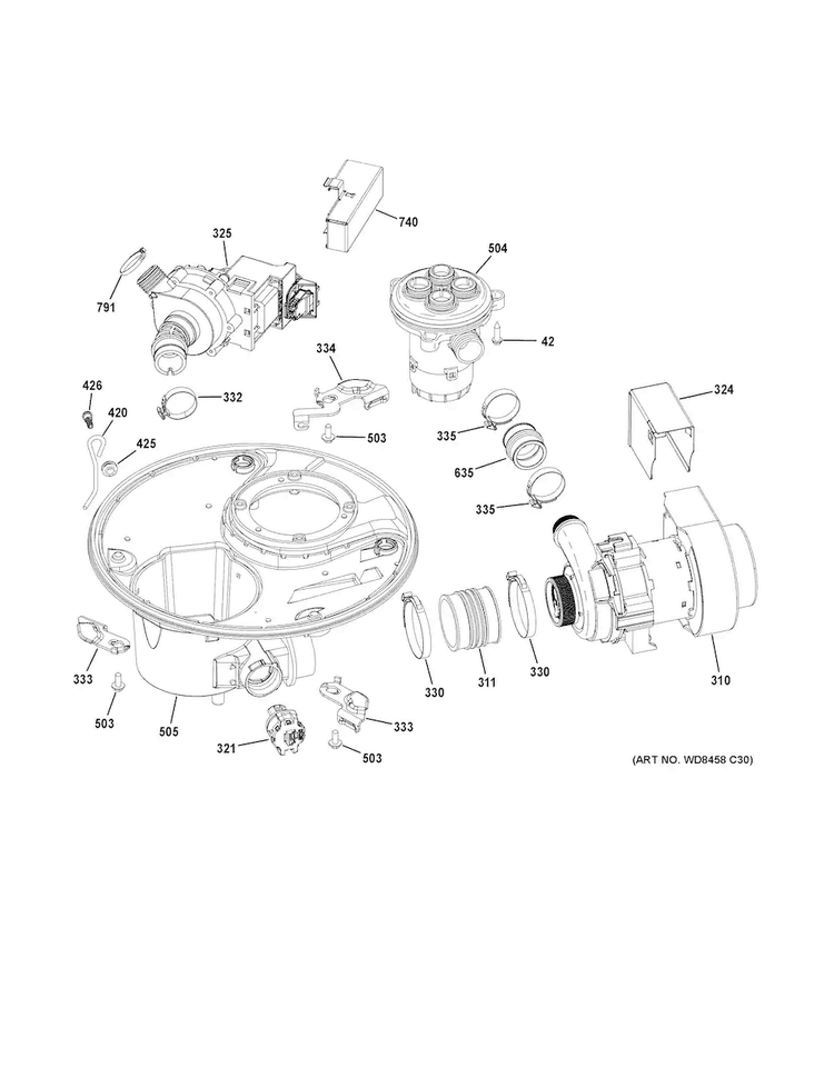 Sump & Motor Mechanism Diagram and Parts List for CDT725SSF4SS  General Electric Dishwasher
