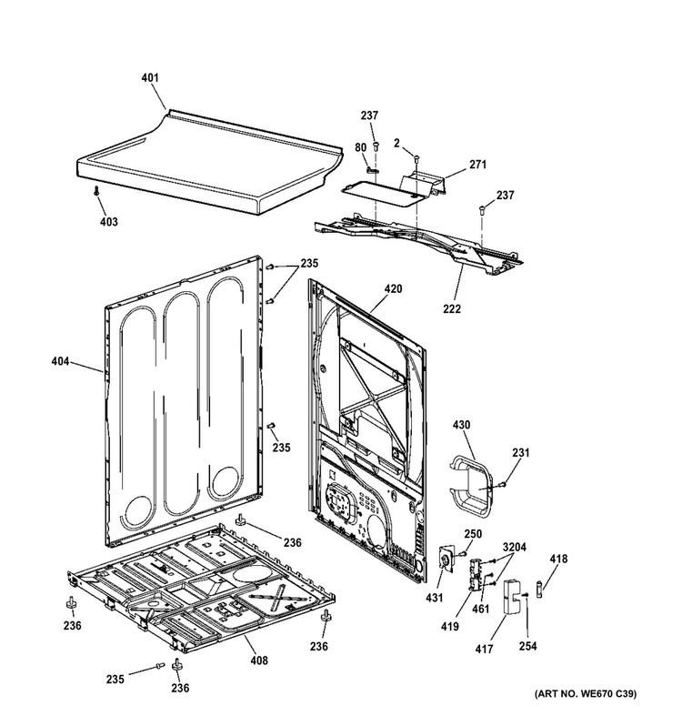 Cabinet & Top Panel Diagram and Parts List for GTDX400ED5WS  General Electric Dryer