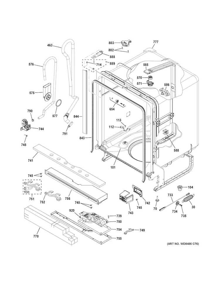 Body Parts Diagram and Parts List for GDF610PGJ2BB  General Electric Dishwasher