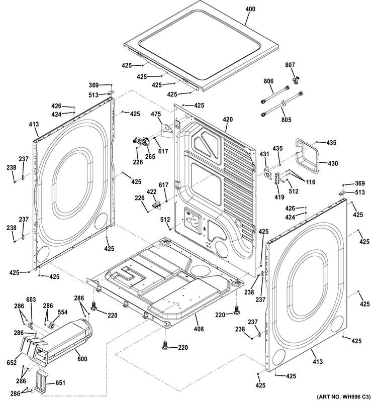 Cabinet & Top Panel Diagram and Parts List for GFDS260EF2WW  General Electric Dryer