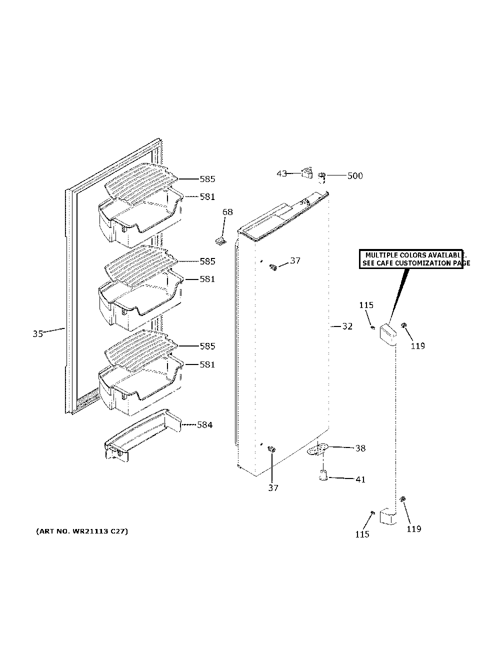 Fresh food door - rh Diagram and Parts List for CWE19SP2NNS1  General Electric Refrigerator