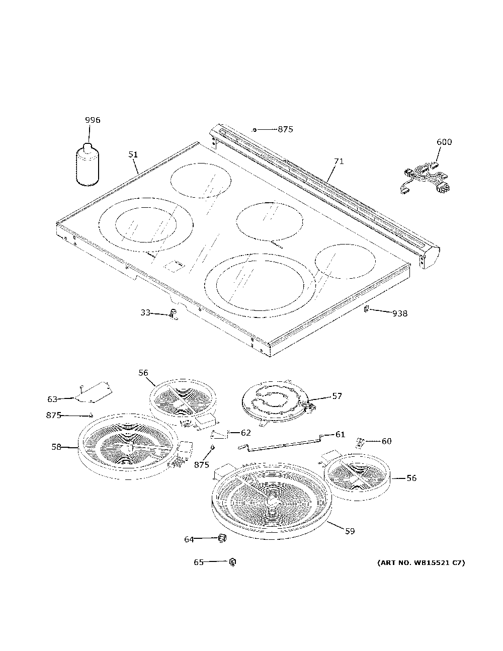 Cooktop Diagram and Parts List for JSS86SP4SS  General Electric Range