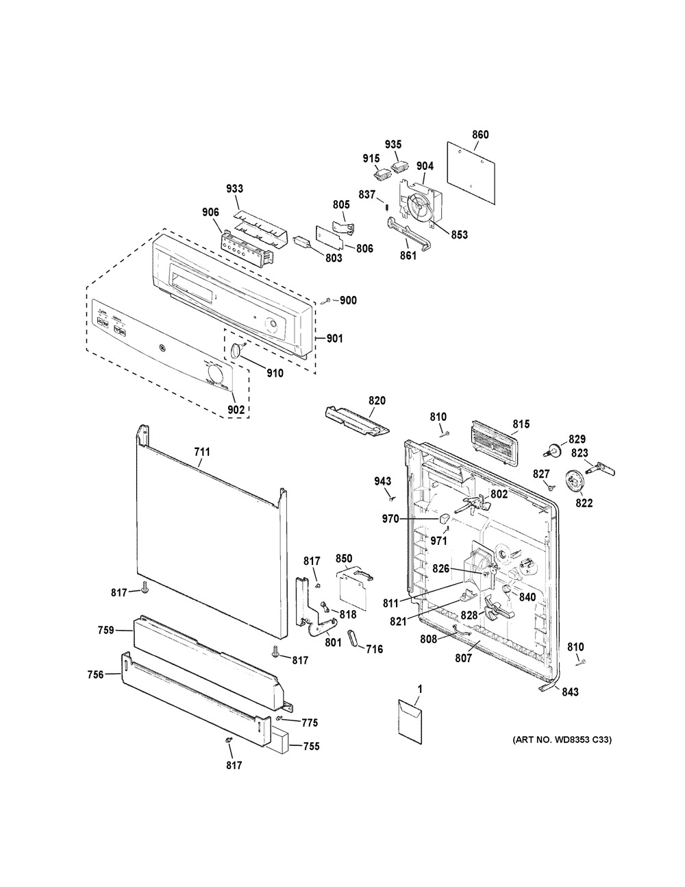 Escutcheon & Door Assembly Diagram and Parts List for GSD3340K55SA  General Electric Dishwasher