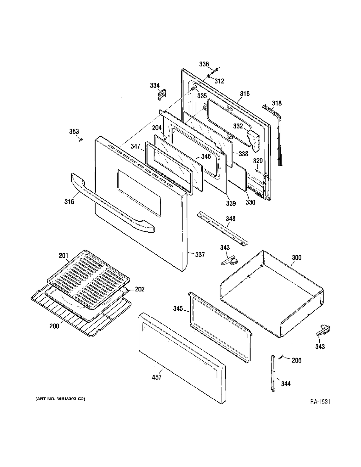 DOOR & DRAWER Diagram and Parts List for MCBS524K1WW  General Electric Range