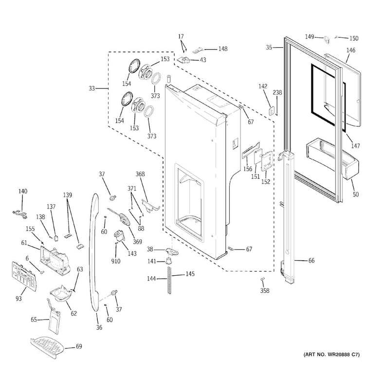Dispenser Door Diagram and Parts List for PFCS1RKZHSS  General Electric Refrigerator