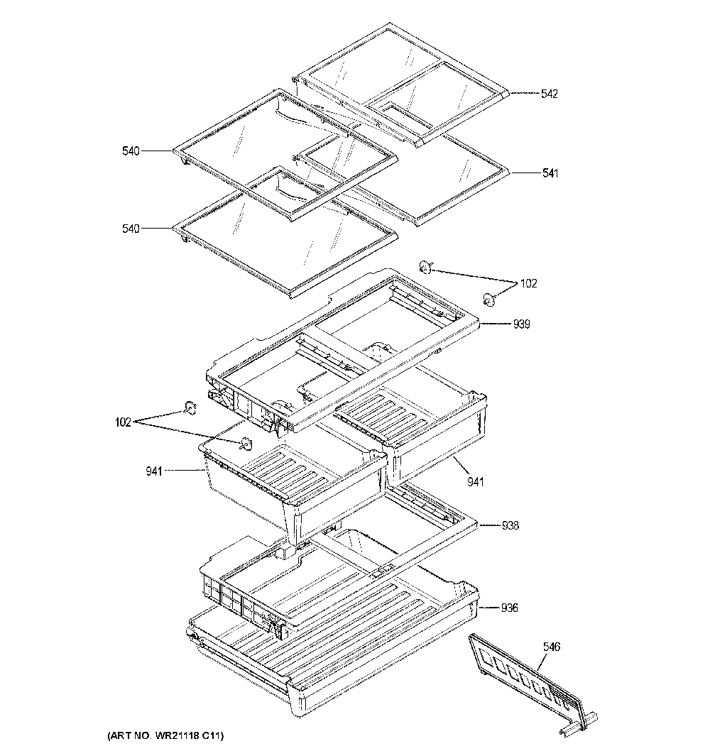 Fresh food shelves Diagram and Parts List for GFE26JGMNFBB  General Electric Refrigerator