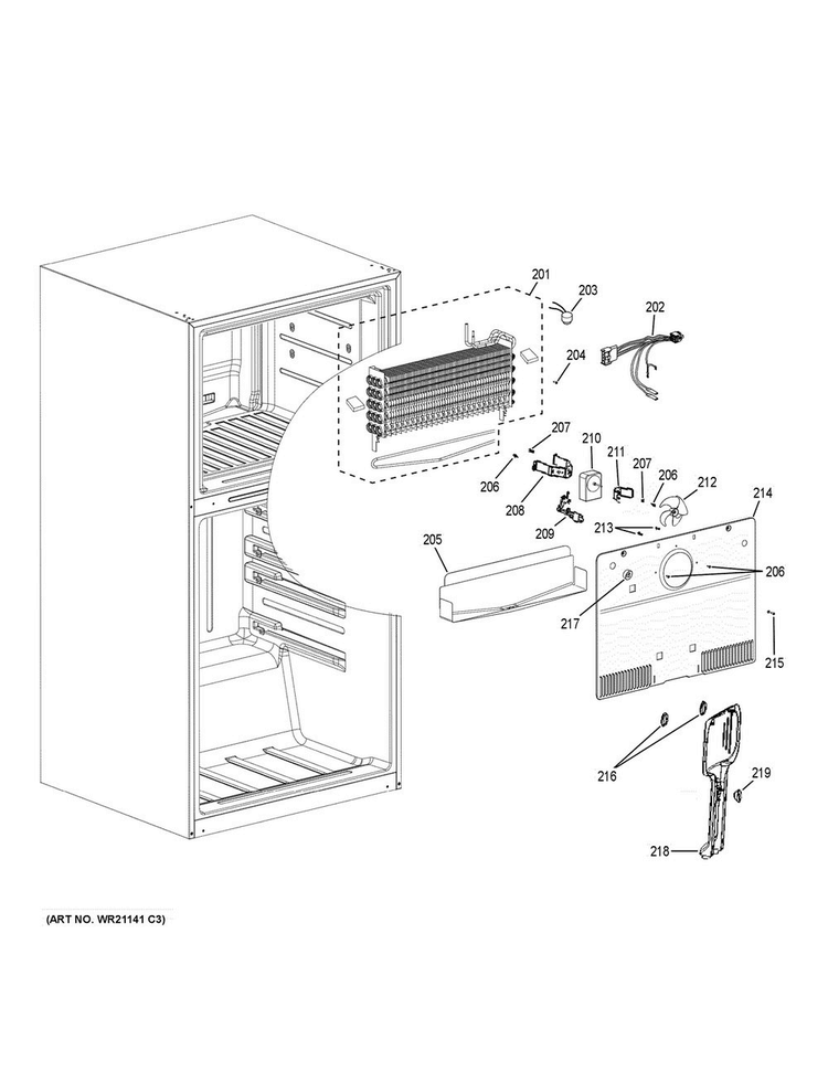 Freezer Section Diagram and Parts List for GTS21FGKBBB  General Electric Refrigerator