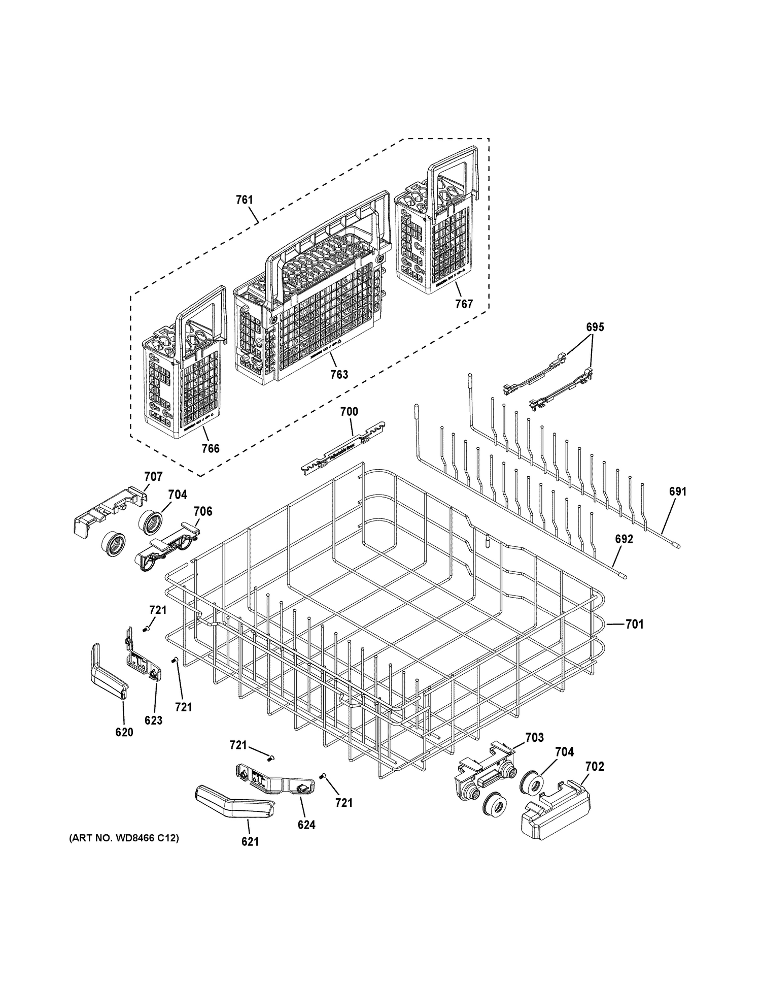 LOWER RACK ASSEMBLY Diagram and Parts List for GDT680SGH8BB  General Electric Dishwasher