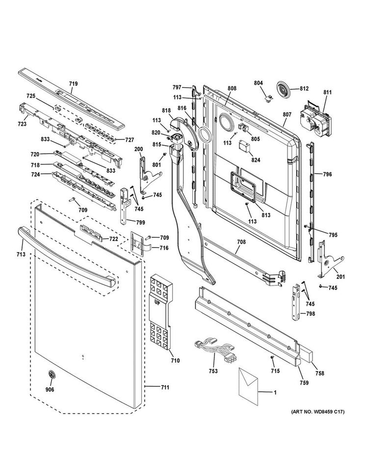 Escutcheon & Door Assembly Diagram and Parts List for PDT750SMF2ES  General Electric Dishwasher