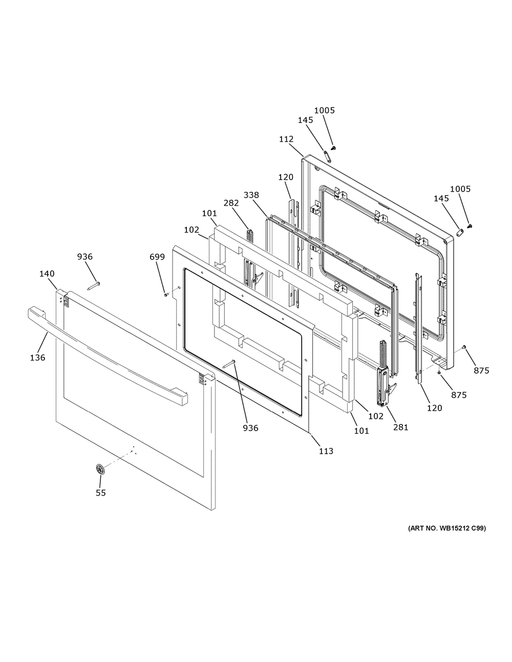 Door Diagram and Parts List for JTS3000DN3WW  General Electric Wall Oven