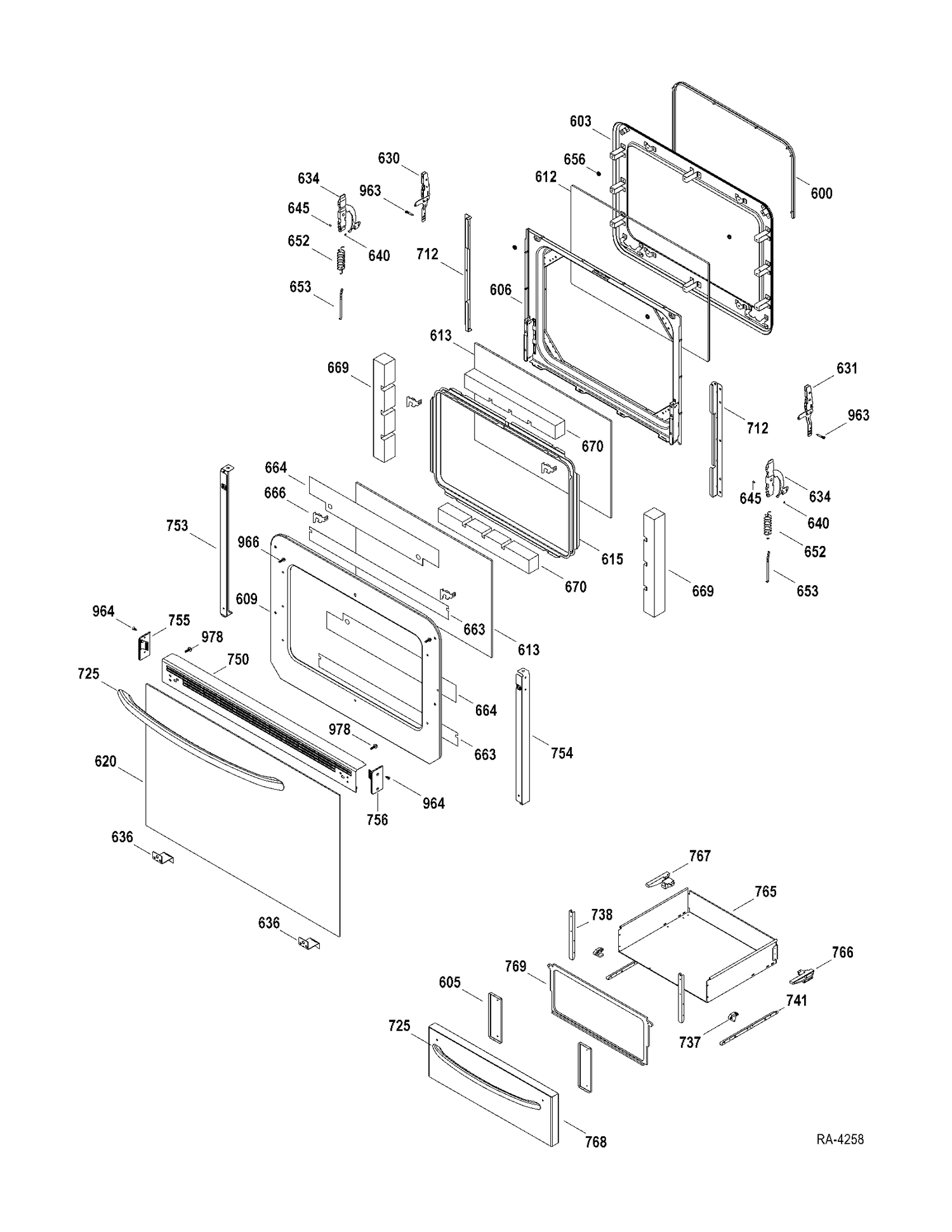 DOOR-DRAWER Diagram and Parts List for JCBP65SP2SS  General Electric Range