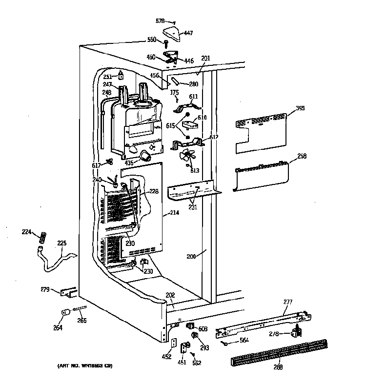 Freezer Section Diagram and Parts List for 36359575991  General Electric Refrigerator