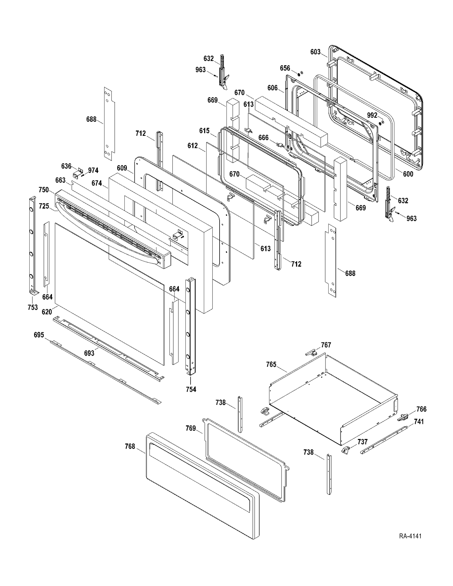 DOOR-DRAWER Diagram and Parts List for JCBP620DT1WW  General Electric Range