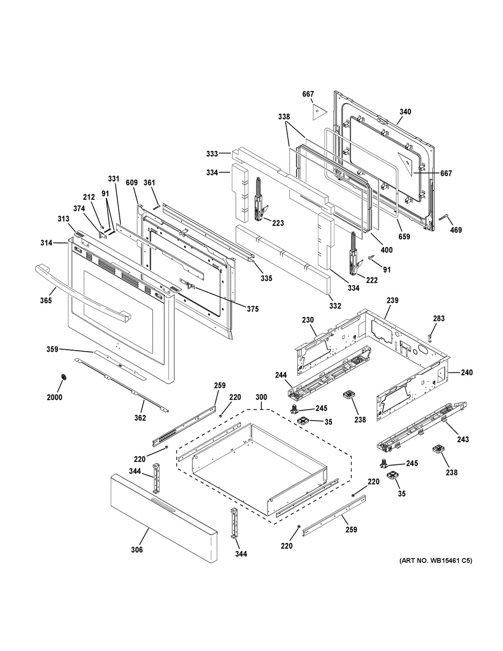 Door & Drawer Parts Diagram and Parts List for PGB930SEJ5SS  General Electric Range
