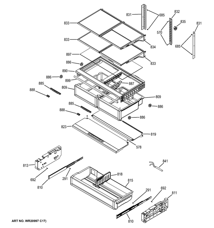 Fresh Food Shelves Diagram and Parts List for ZWE23ESHESS  General Electric Refrigerator