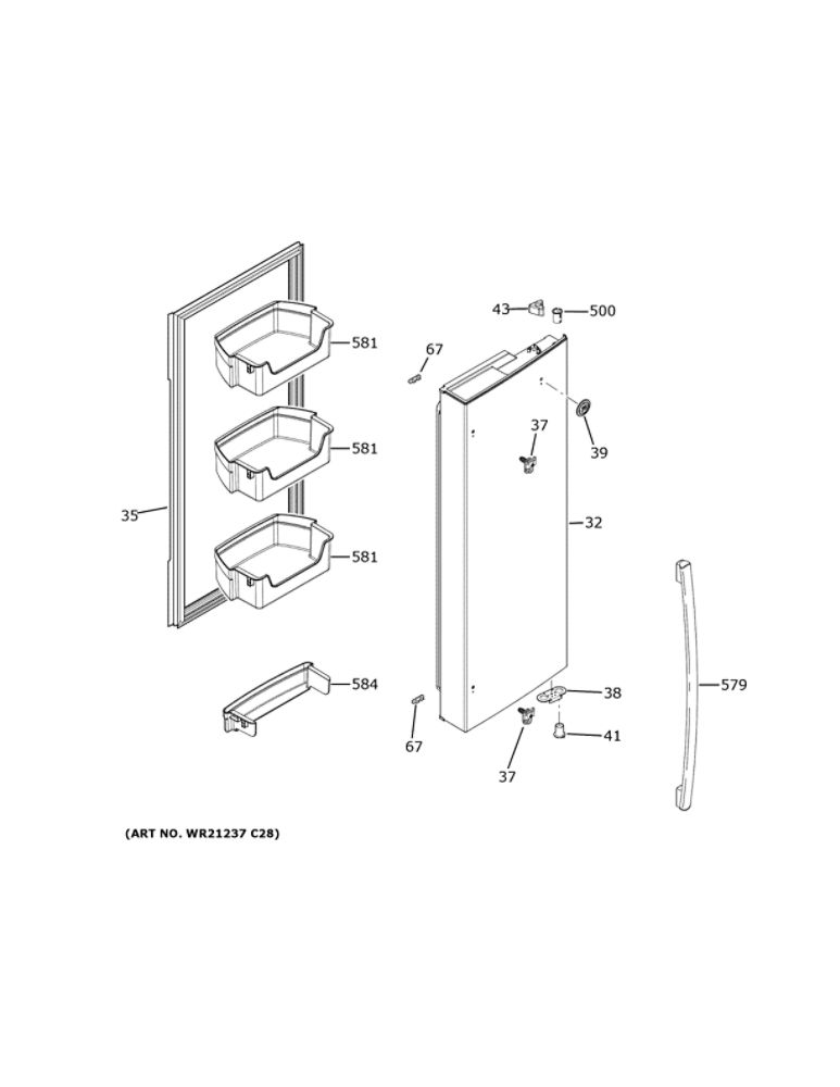 Fresh Food Door - Rh Diagram and Parts List for GYE18JSLAFSS  General Electric Refrigerator