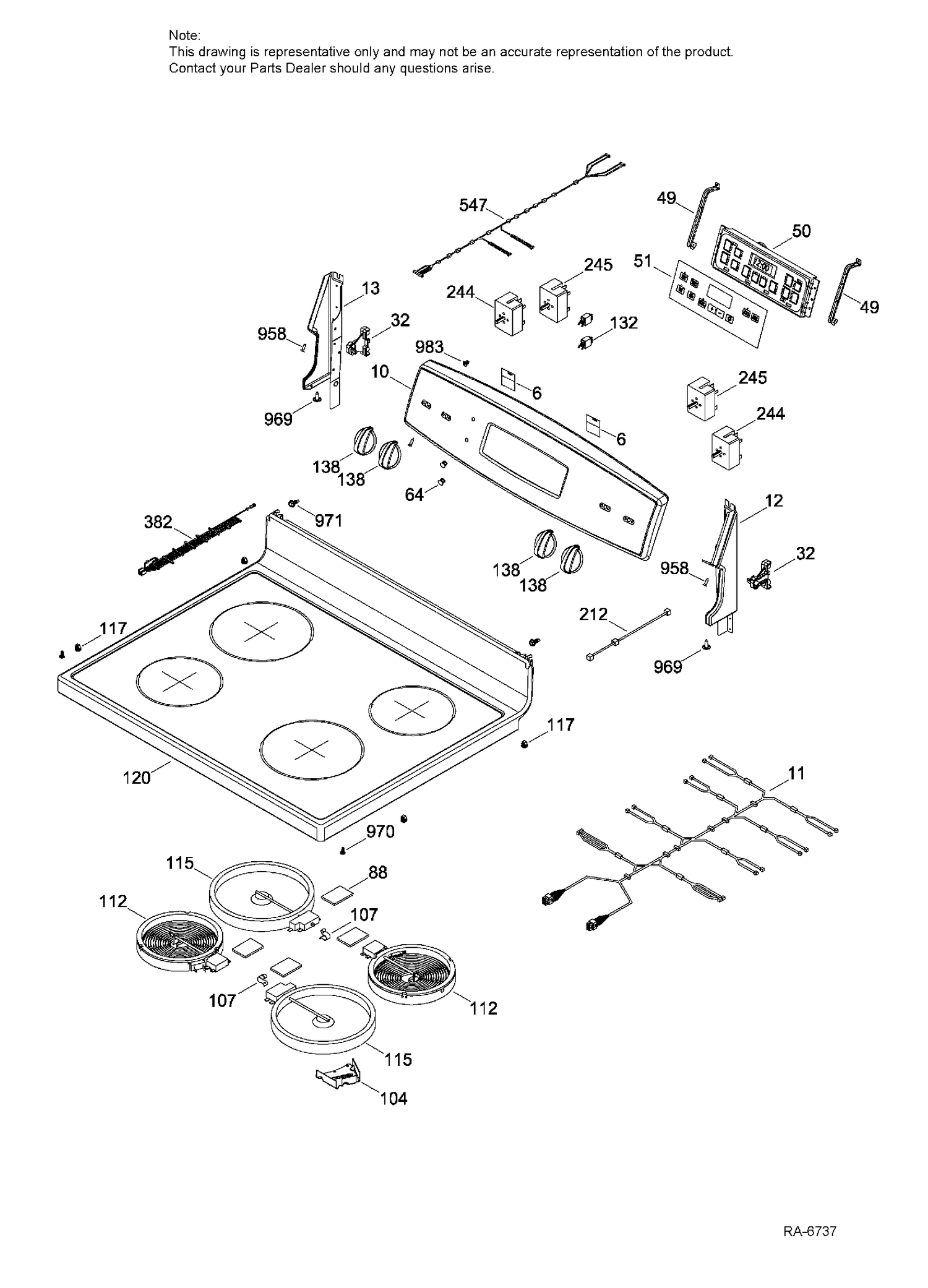 CONTROL PANEL & COOKTOP Diagram and Parts List for JCB630SF2SS  General Electric Range