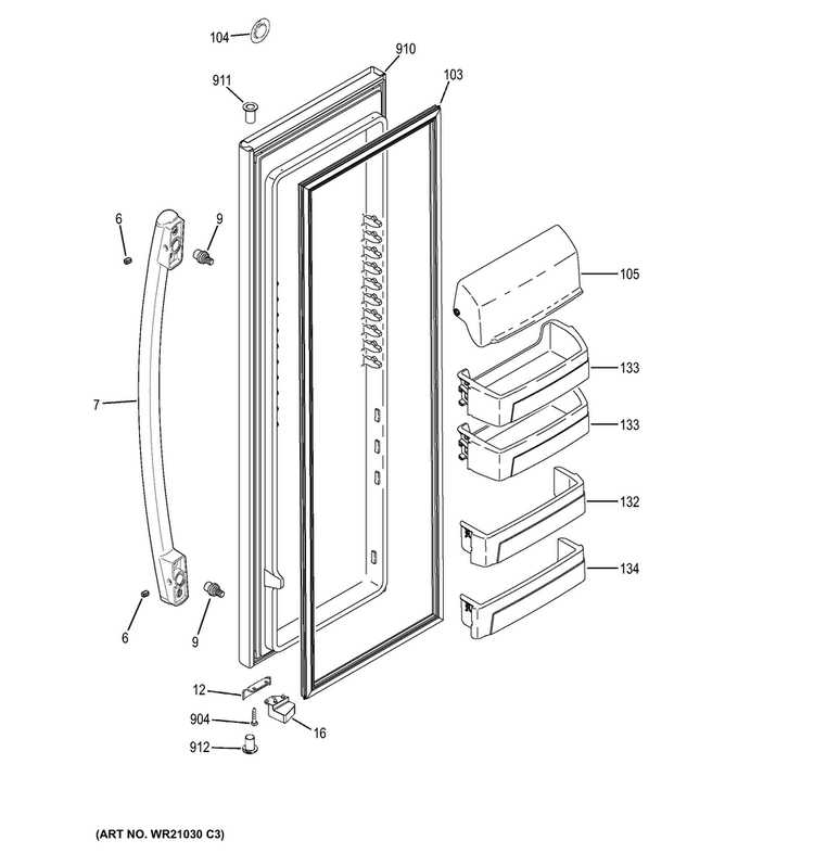 Fresh Food Door Diagram and Parts List for GZS22DGJCFWW  General Electric Refrigerator