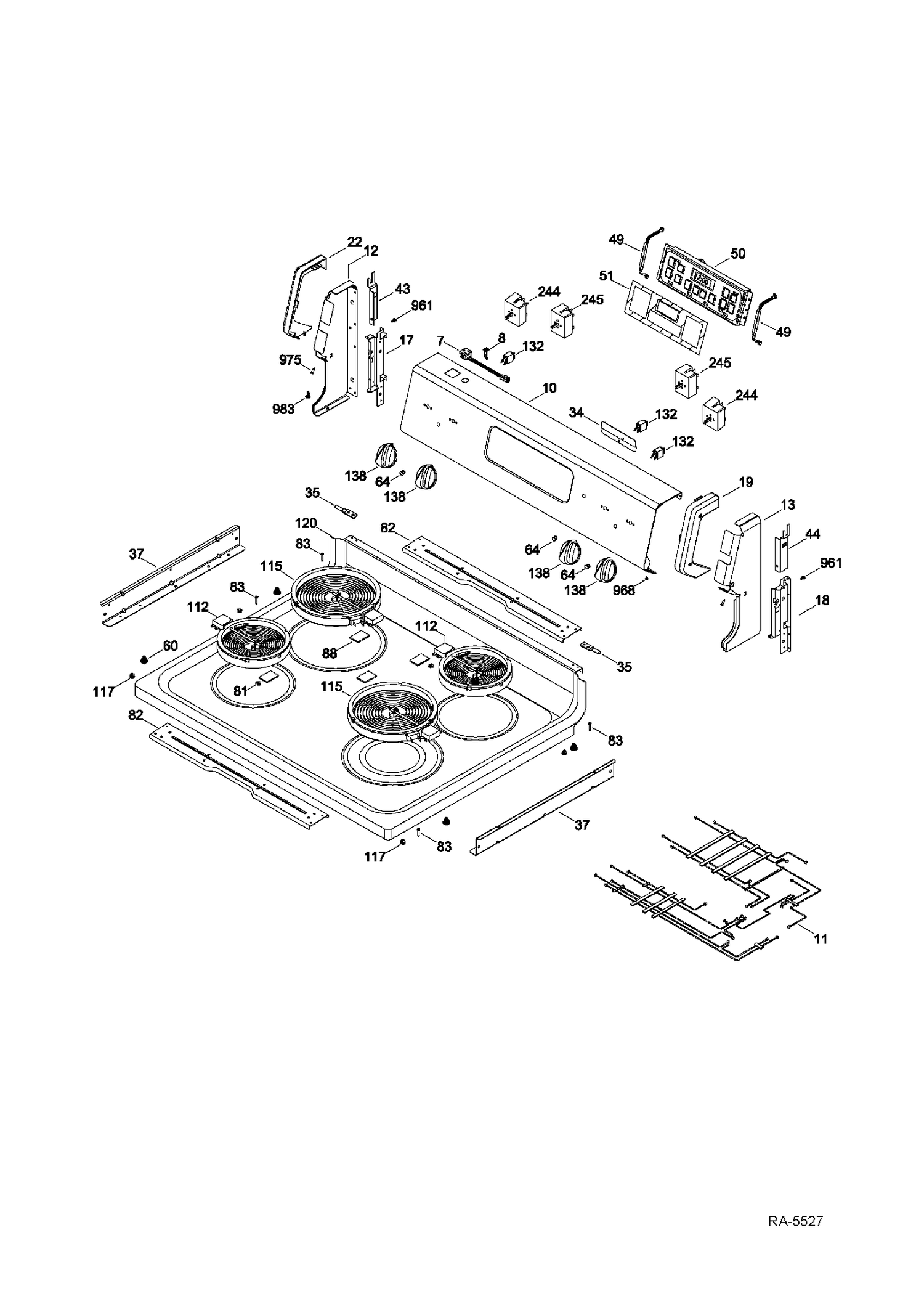 CONTROL PANEL & COOKTOP Diagram and Parts List for RCB787DN3WW  General Electric Range