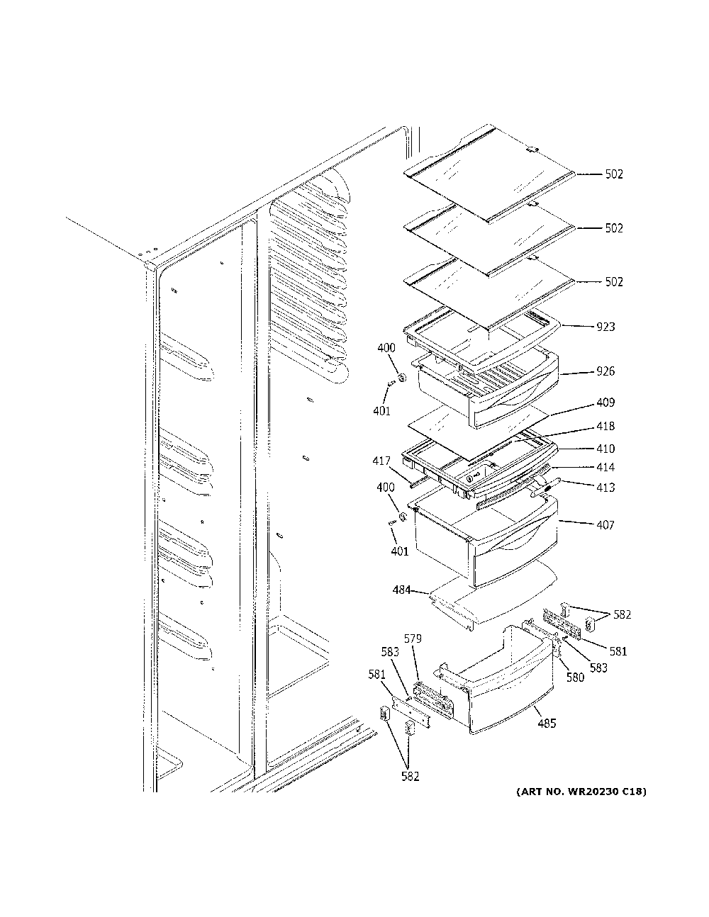 Fresh Food Shelves Diagram and Parts List for GZS22IENXHDS  General Electric Refrigerator