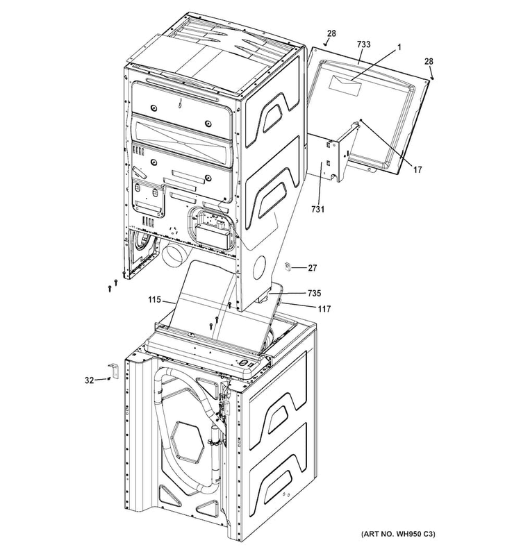Cabinet Diagram and Parts List for GTUP240GM4WW  General Electric Washer Dryer Combo
