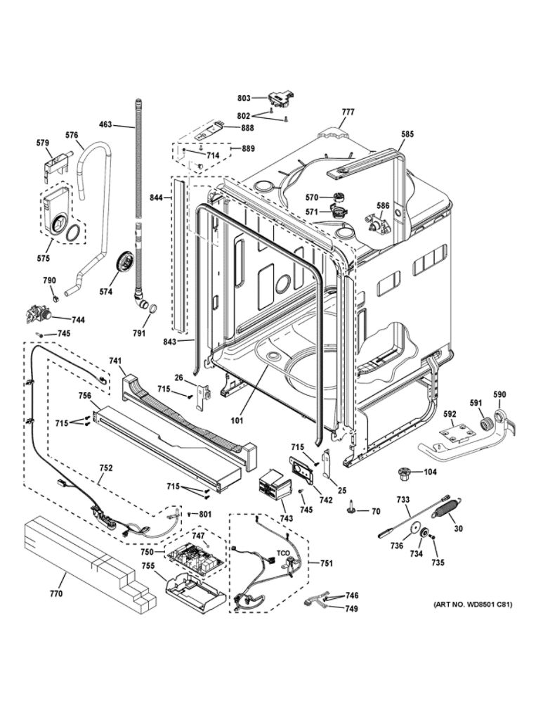 Body Parts 1 Diagram and Parts List for PDT715SBN5TS  General Electric Dishwasher