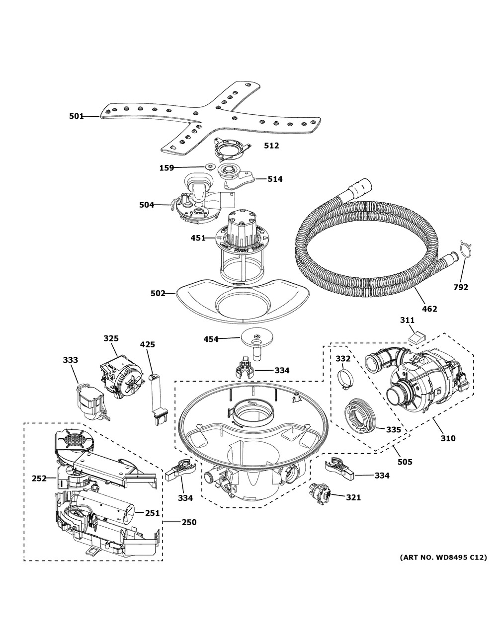 Motor, Sump And Filter Assembly Diagram and Parts List for CDT855P2N2S1  General Electric Dishwasher