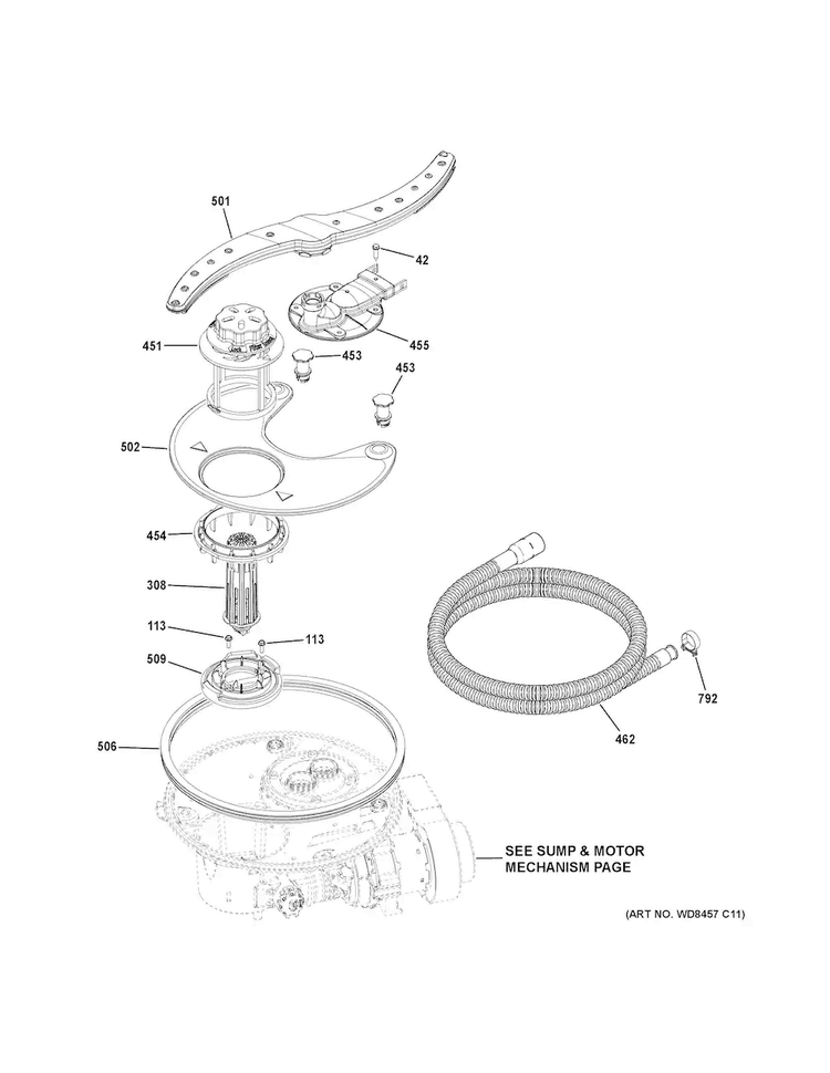Sump & Filter Assembly Diagram and Parts List for DDT575SMF2ES  General Electric Dishwasher