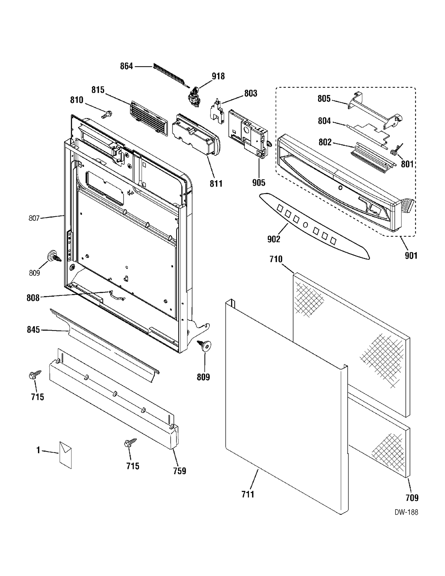 DOOR & ESCUTCHEON PARTS Diagram and Parts List for 40201-0  General Electric Dishwasher