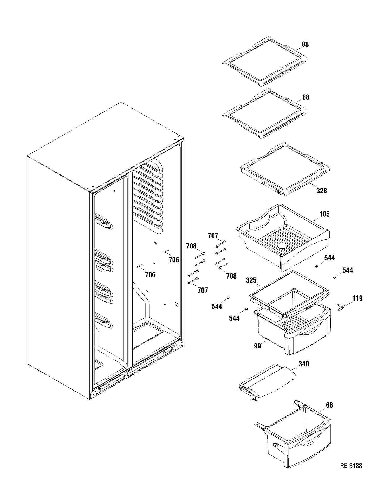 FF SHELVES Diagram and Parts List for GSRS3KLXAFSV  General Electric Refrigerator