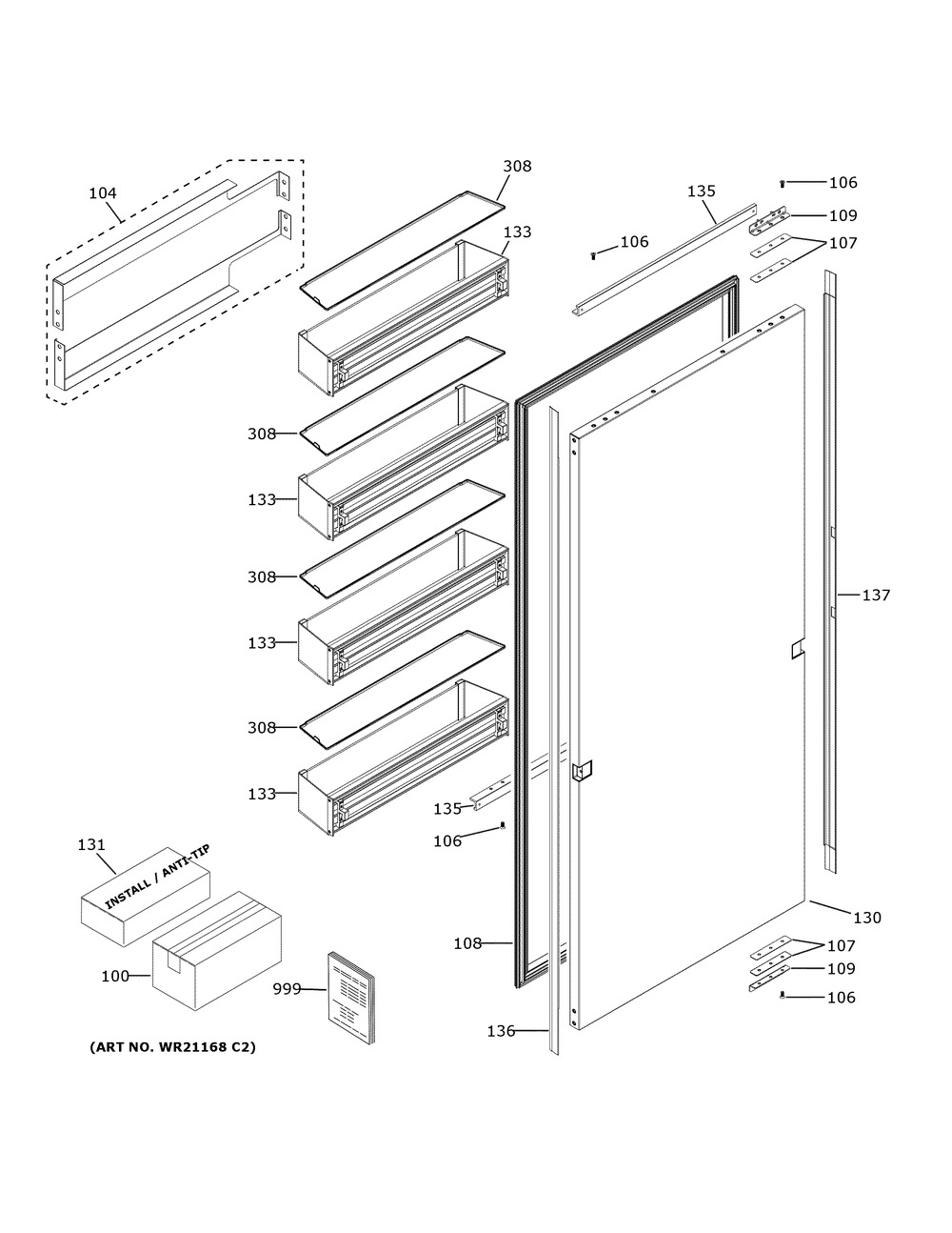 Door Diagram and Parts List for ZIR241NPNCII  General Electric Refrigerator